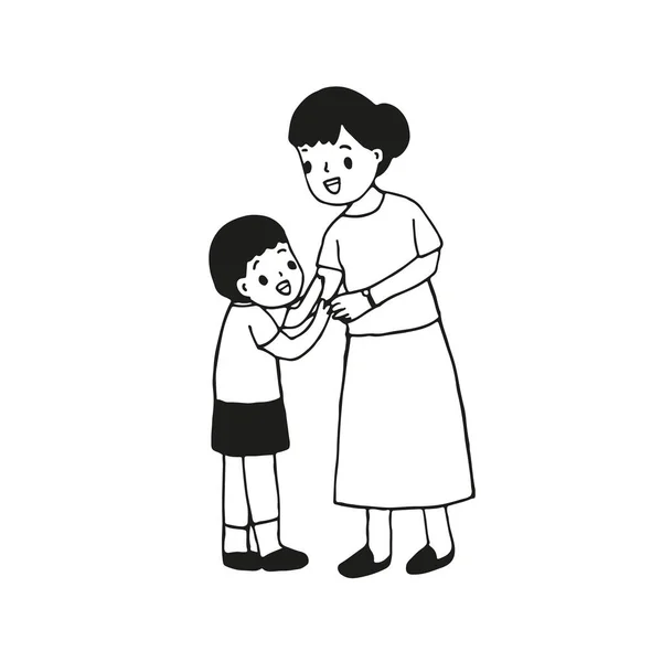 Madre Hablar Con Niño Pequeño Esquema Dibujo Estilo Vector Ilustración — Vector de stock
