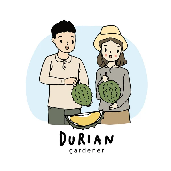 Stock vector Gardener holding durian, durian is a king of fruit. Hand drawn style vector illustration.