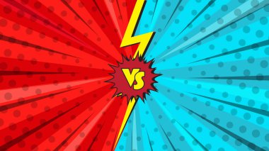 Çizgi roman tarzı arkaplanda yıldırımlar, ortasında VS yazıları, karşısındaki komik arkaplan