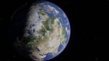 Evrenin güzelliğini gösteren parıldayan yıldızlarla Dünya 'nın dış uzayda 3 boyutlu tasarımı. Arkaplan, duvar kağıdı veya yaratıcı projeler için uygun.