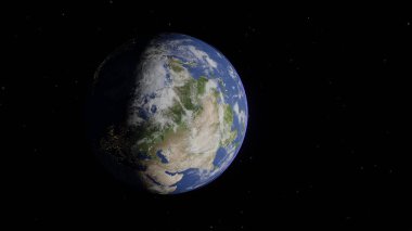 Evrenin güzelliğini gösteren parıldayan yıldızlarla Dünya 'nın dış uzayda 3 boyutlu tasarımı. Arkaplan, duvar kağıdı veya yaratıcı projeler için uygun.