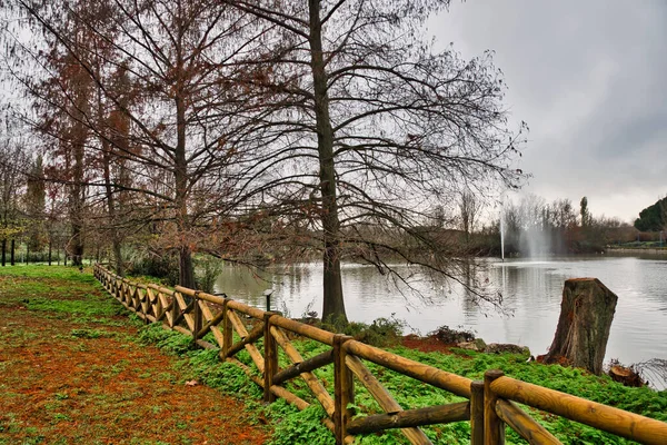 Gölü ve ahşap çiti olan güzel ve huzurlu bir park manzarası..