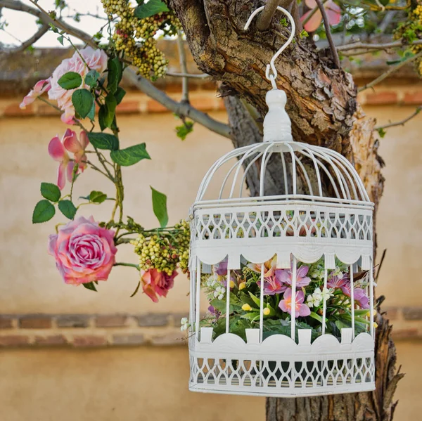 Üzerinde çiçekler asılı bir kuş kafesi. Düğün konsepti.