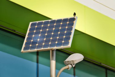 Güneş paneline tünemiş küçük bir kuş arka planda renkli bir yüzle sokak lambasına güç veriyor..