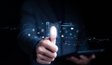Sanal ekran parmak izi tarama teknolojisine sahip kullanıcı kimlik doğrulama sistemi. siber güvenlik, bilgi güvenliği ve şifreleme, güvenli internet erişimi, kimlik ve erişim parolası,