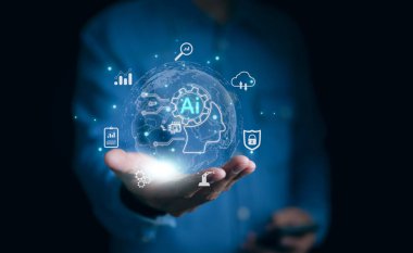 Ai, yapay zeka konsepti analitik, otomasyon ve otonom beyin. büyük veri yönetimi, bilgisayar bağlantısı istihbarat teknolojisi, ChatGPT, Otomatik robotik,