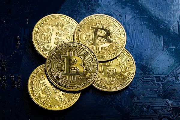 Bitcoin Moneda Oro Como Grupo Placa Circuito Informático Fondo Azul —  Fotos de Stock