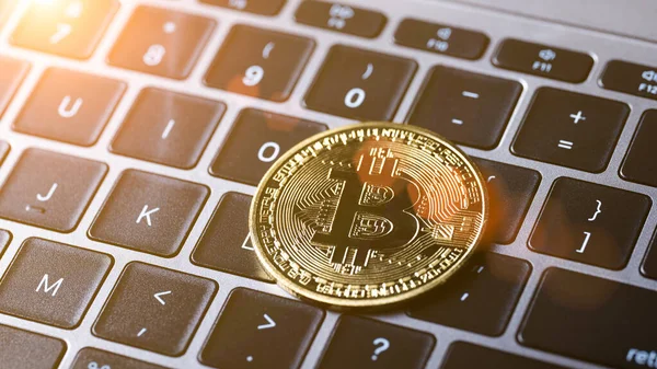 Las Monedas Bitcoin Colocan Los Teclados Computadora Portátil Criptomoneda Moneda —  Fotos de Stock