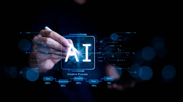 Adam yapay zekayı, yapay zeka öğrenme işini, modern teknolojiyi, interneti ve ağı geliştirmek için kullanıyor. Günlük yaşamda teknoloji. akıllı asistan, yapay zeka veya yapay zeka teknolojisi kavramı.