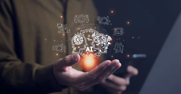 Ai, yapay zeka konsepti analitik, otomasyon ve otonom beyin. büyük veri yönetimi, bilgisayar bağlantısı istihbarat teknolojisi, ChatGPT, Otomatik robotik,