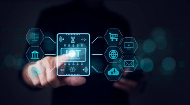 Nesnelerin İnterneti veya IOT teknoloji konsepti. İş adamı eli IOT sanal ekran arayüzüne dokundu. alışveriş arabası, bankacılık, bulut hesaplama, sunucu ağı sistemi, çip, e-posta, multimedya simgeleriyle,