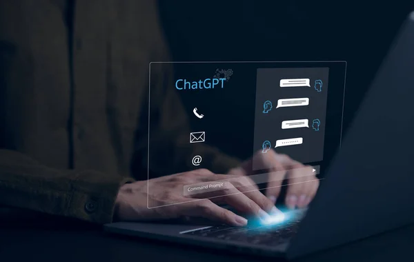 stock image Chatbot Chat with AI, Artificial Intelligence. man using technology smart robot AI, artificial intelligence by enter command prompt for generates something, ChatGpt Futuristic technology.