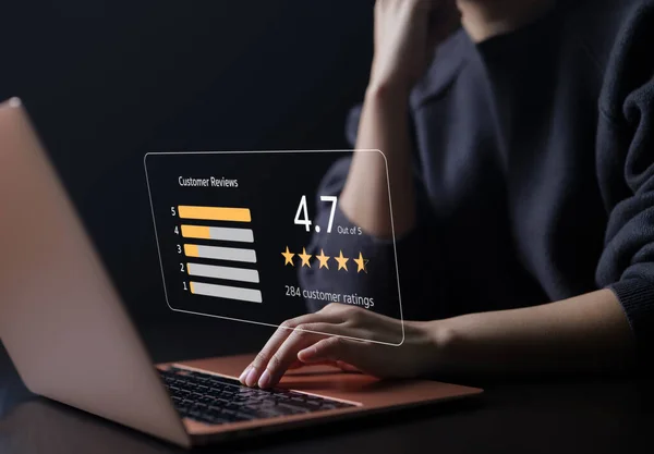 User give rating to service experience on online application. Customers opinion evaluate the quality of services to reputation and business success. Customer review satisfaction survey concept.