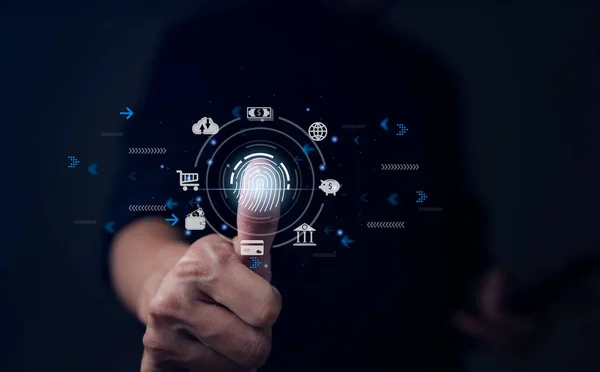 Digitales Technologiekonzept Für Cybersicherheit Geschäftsleute Verwenden Fingerabdrücke Auf Persönliche Daten — Stockfoto