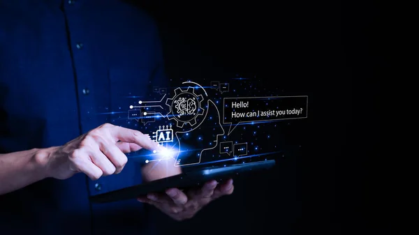 Yapay Zeka 'dan ChatGPT Sohbeti. Akıllı bir telefonla akıllı bir yapay zekayla sohbet eden bir adam istediği cevapları ister. Üretim, Chatbot, Chat Ai, Generative Ai için komut girerek,