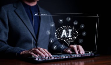 Yapay zeka ya da yapay zeka kavramı. İş adamı günlük hayatta, Dijital Dönüşüm 'de, Nesnelerin İnterneti' nde, Yapay Zeka Beyni 'nde, ChatGPT' de, Chat Ai 'de ve Chat Bot' ta kullanıldı.,