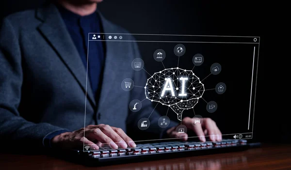 Yapay zeka ya da yapay zeka kavramı. İş adamı günlük hayatta, Dijital Dönüşüm 'de, Nesnelerin İnterneti' nde, Yapay Zeka Beyni 'nde, ChatGPT' de, Chat Ai 'de ve Chat Bot' ta kullanıldı.,