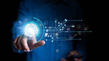 Global internet bağlantısına işadamı eli değdi. İş dünyası küresel internet bağlantısı uygulama teknolojisi ve dijital pazarlama, Finansal ve bankacılık, Dijital bağlantı teknolojisi, büyük veri,