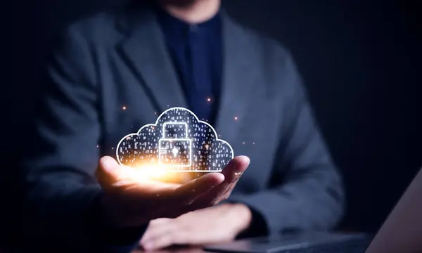 Cybersecurity Technology Concept. Businessman holding padlock and cloud icon. information security and encryption, User privacy security and encryption, secure Internet access, Cyber crime prevention,