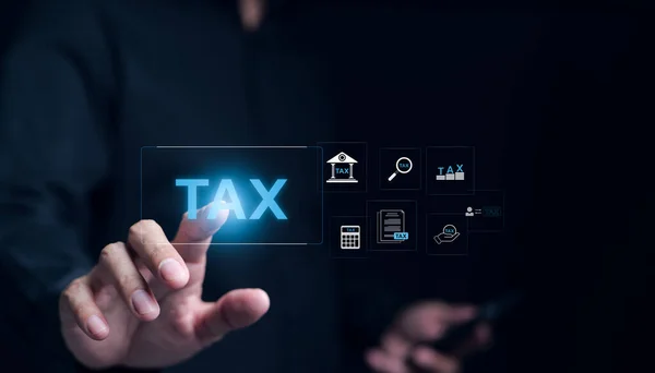Government, state taxes, paperwork e-tax, Report and Calculation tax return, financial research, Businessman touching TAX with icons Individual income tax return form online for tax payment concept.