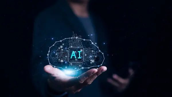 Yapay zeka teknolojisi konsepti. Sanal bir arayüzde yapay zekanın beynine dokunmak. Fikir, yenilik ve gelecekçi, makine öğrenimi, yenilikçi ve geliştirme, ChatGPT, Chat Ai oluşturmak için yapay zeka kullanın,