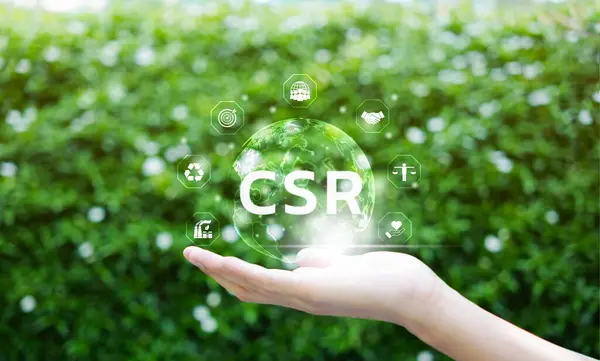 CSR, Corporate social responsibility concept. CSR icons for business and organizations in hand. The company is responsible for social policy. CSR communication strategy office, Nature Sustainability,
