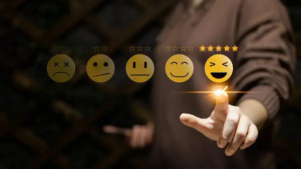 Customer review satisfaction feedback survey concept. Woman give rate to service experience excellent 5 star. Client evaluating online the quality of product service to reputation ranking of business.