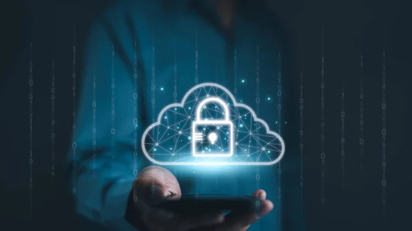 Cloud computing technology to database storage security concept. Man showing cloud with padlock icon on network connection. Cybersecurity and Internet backup transfer. Secure data online, web hosting,