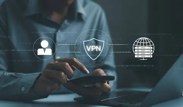VPN server network security internet privacy encryption concept. Encrypted connection VPN (virtual private network). Man using smartphone with app web proxy over the Internet protocol. cybersecurity,
