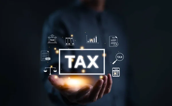 TAX concept. Man show TAX for individual income tax return form online for tax payment. government, state taxes. Data analysis, financial research, report. Calculation return. Value added Tax VAT,