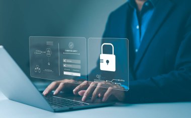 Siber güvenlik kavramı. Kişisel bilgi erişimi için kullanıcı adı ve parola girin. Veri giriş koruması ve güvenli internet erişimi, ekran asma kilit teknolojisi, Siber güvenlik, şifreleme gizliliği,