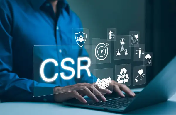 CSR Corporate social responsibility concept. CSR icons for business and organizations. Company is responsible for social policy. CSR communication strategy office, Nature Sustainability, ESG report,
