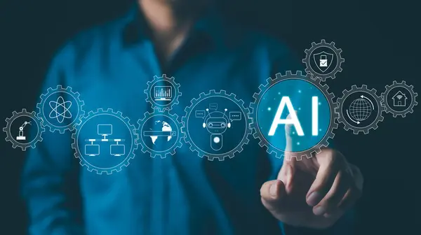 Artificiell Intelligens Teknik Affärsman Vidrör Ett Gränssnitt Med Artificiell Intelligens Stockfoto