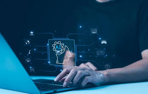 Yapay Zeka. Adam iş işleri ve günlük yaşam için yapay zeka yazılım teknolojisini kullanıyor. Ai sohbet ve komut oluşturma komutu. akıllı robot otomasyon sistemi, sohbet robotu akıllı asistan, ChatGPT, Chat Al,