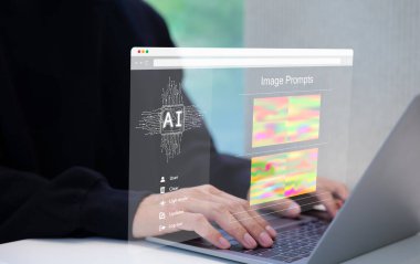 Yapay zeka görüntü jeneratörü teknolojisini harekete geçirdi. Bilgisayardaki yapay zeka yazılımını kullanarak resimler, fütüristik kullanıcı arayüzü oluşturun. Ekranda görsel komut var. Yapay zeka tarafından oluşturulan fotoğraf. grafik tasarımı