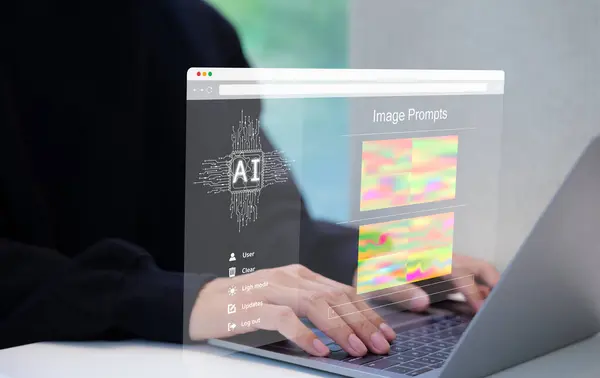 Yapay zeka görüntü jeneratörü teknolojisini harekete geçirdi. Bilgisayardaki yapay zeka yazılımını kullanarak resimler, fütüristik kullanıcı arayüzü oluşturun. Ekranda görsel komut var. Yapay zeka tarafından oluşturulan fotoğraf. grafik tasarımı