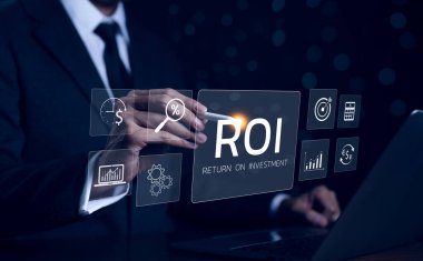 ROI, Analyzing Return on Investment Concept. Businessman with digital icons representing ROI analysis, graphs, percentages, and financial symbols, emphasizing investment strategy, financial management clipart