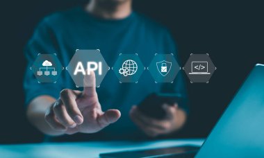 API Konsepti. Uygulama Programlama Arayüzü, API ile ilgili teknoloji ikonları, bulut hesaplama, küresel ağ ve güvenlik, bütünleşme gelişimini sembolize eden kişi. Uygulama Yazılım Aracı,