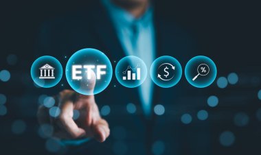 ETF Investment Concept. Exchange Traded Fund, Businessman with ETF icons, representing financial and investment concepts like exchange-traded funds, money, and interest rates. Stock market index fund, clipart