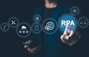 RPA, Robotik Süreç Otomasyon Sistemi Konsepti. İşadamı RPA simgeleriyle etkileşime girer, robotik süreç otomasyonunu ve modern teknoloji entegrasyonunu temsil eder. optimizasyon yeniliği,