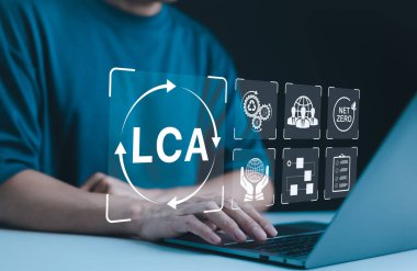 LCA, Life Cycle Assessment Concept. Icons representing Life Cycle Assessment (LCA), sustainability, and net-zero carbon strategies. environmental management analysis. Sustainable business value chain, clipart