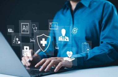 AI-Driven Healthcare and Medical Technology Concept. A professional using laptop with digital AI powered healthcare icons, medical services, data protection, and healthcare technology advancements. clipart