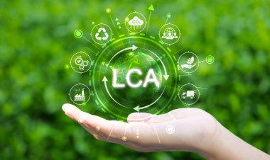 LCA Life cycle assessment concept. A hand holds glowing globe icons representing sustainability, recycling, environmental impact, symbolizing life cycle assessment (LCA) for eco friendly initiatives. clipart