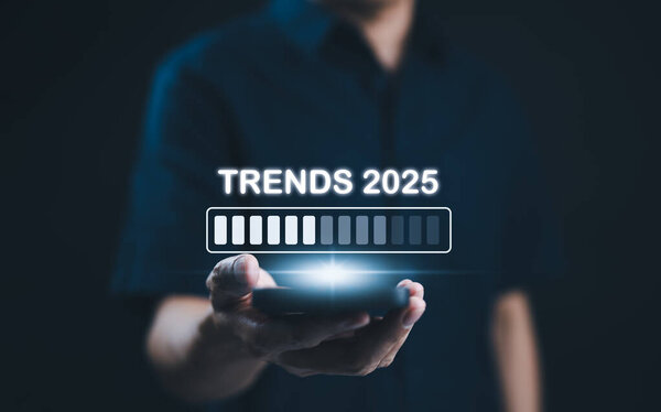 Trends 2025 year concept, trends in 2025 with a loading bar, Trends of SEO 2025, trend for marketing monitor, business planning in new year, Finding information and new ideas, progress bar 2025,