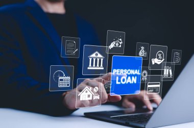 Kişisel kredi ve finansal hizmetler kavramı. Bir kişi, finansal hizmetler, kişisel krediler, faiz oranları, bankacılık ve ödeme seçenekleriyle etkileşim içindedir. Çevrimiçi finansal ürünlere erişim. para