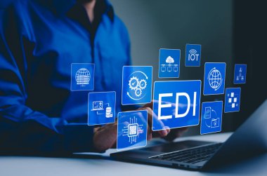 EDI, Elektronik Veri Değişimi Konsepti. EDI (Electronic Data Interchange) simgeleri, küresel veri transferi, dijital güvenlik, iş bağlamında bilgi alışverişi,