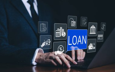 Varlık satın alma kavramı için borç ve borç para. Kredi ve finans ikonları, borç verme, faiz oranları, varlık alımları ve şahıs veya işletmeler için mali yönetim içeren dijital arayüz