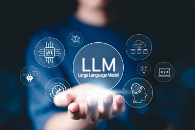 LLM Büyük Dil Modeli ve Yapay Zeka teknolojisi kavramı. İnsanda LLM simgeleri, yapay zeka, derin öğrenme, makine öğrenme, NLP doğal dil işleme, Chat AI, Chatbot, nöral ağ,