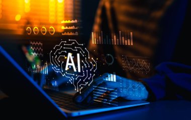 İş AI ve Veri Analitik Konsepti. İşadamı yapay zeka teknolojisiyle kurumsal veri yönetimini analiz ediyor. Büyük veri analistleri, gösterge tablosu, grafikler, kpi, pazarlama analisti,