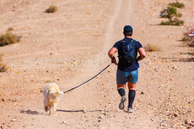 Marakeş, Fas - 14 Şubat 2022: Altın köpeğiyle koşan bir adam